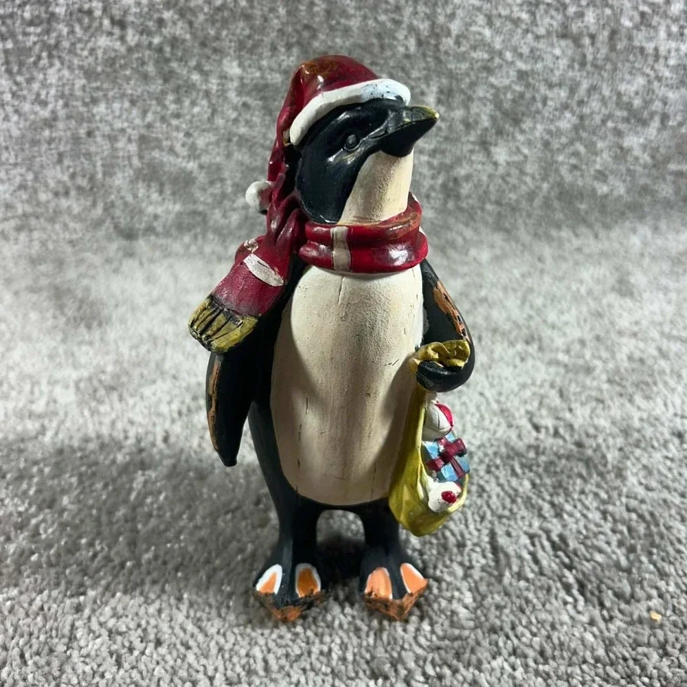 Penguin Figurine Christmas Santa Hat Scarf Rustic Winter Decor Small 4.5in